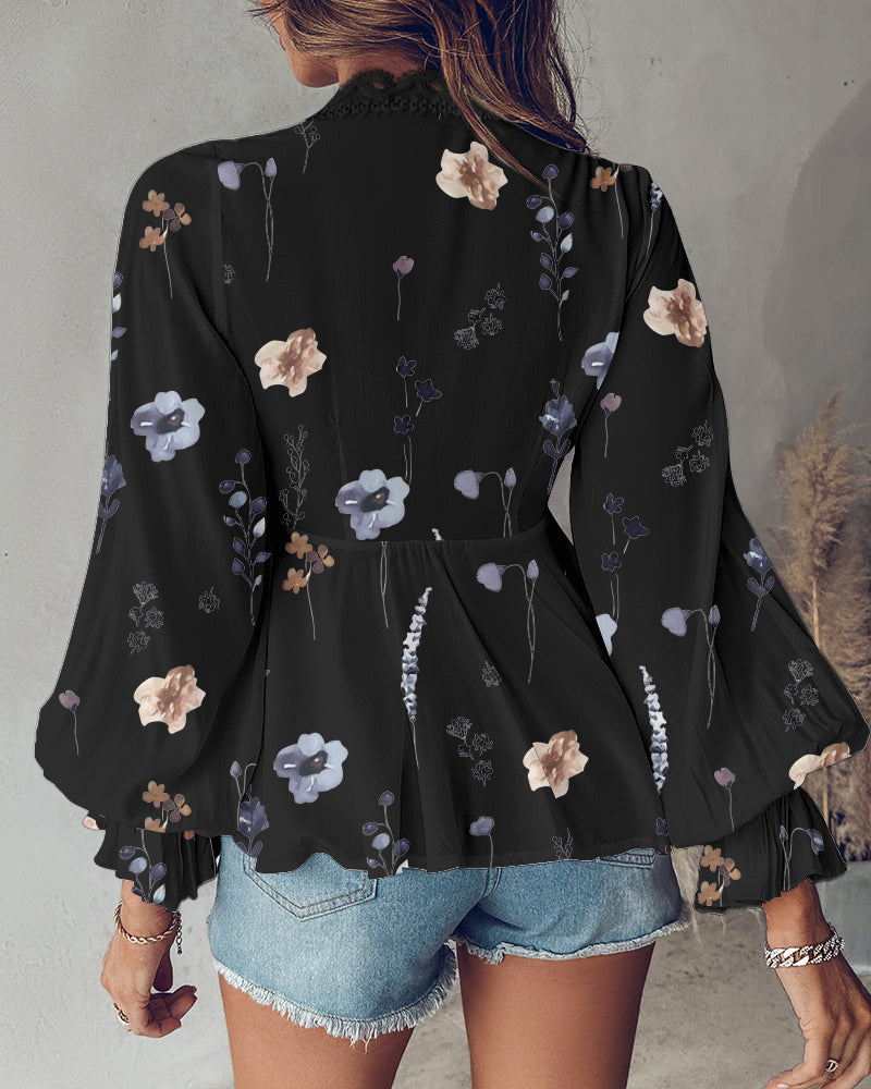 Floral Print Deep V-Neck Lantern Sleeve Casual Contrast Lace Tied Detail Blouse - Image 9