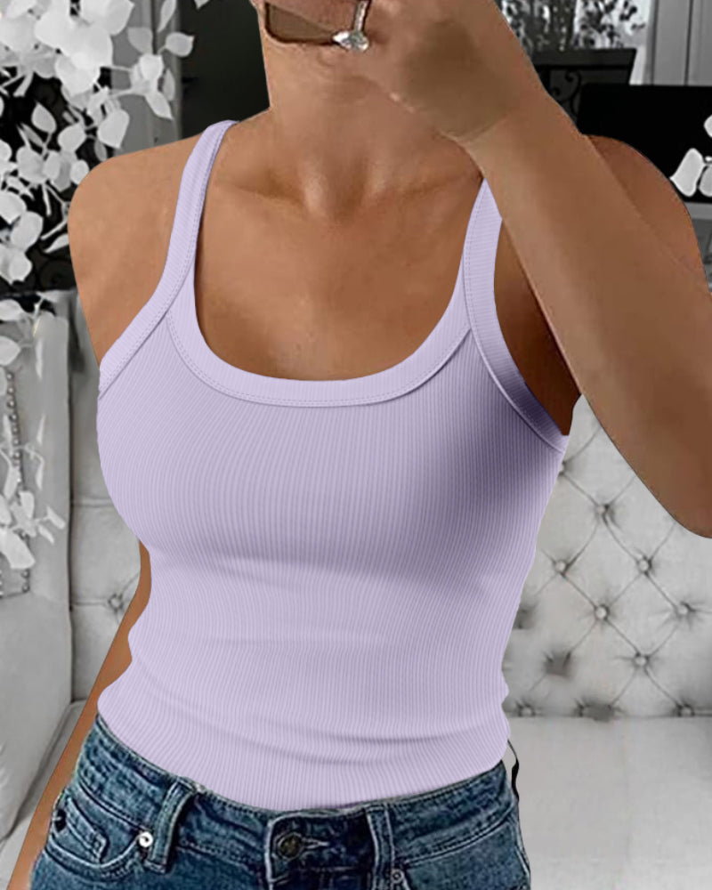 Scoop Neck Spaghetti Strap Ribbed Top Casual Sleeveless Slim Fit Tank - Image 24