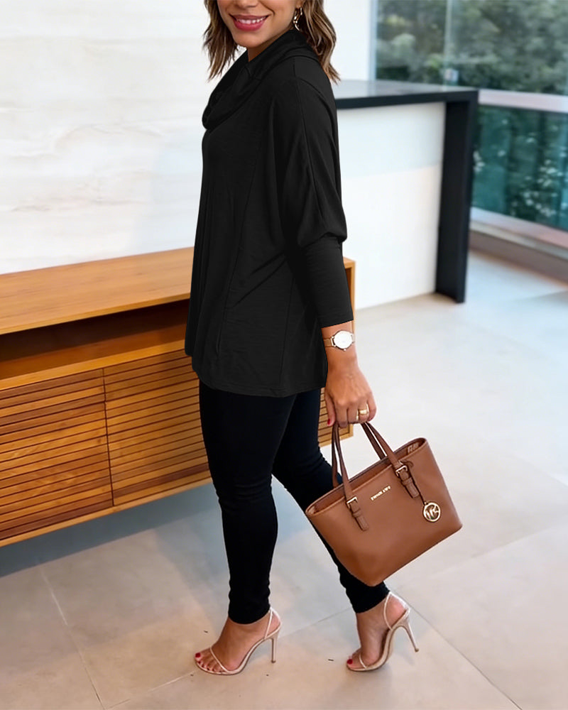 Women's Cowl Neck Batwing Sleeve Top Casual Long Sleeve Loose Pullover Comfortable Soft Drape Blouse - Image 18