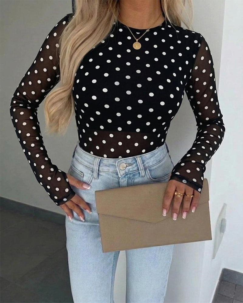 Women's Mesh Polka Dot Top Lined Sheer Long Sleeve Tee Crewneck Slim Fit Layering Under Base Top with Thumbholes - Image 14