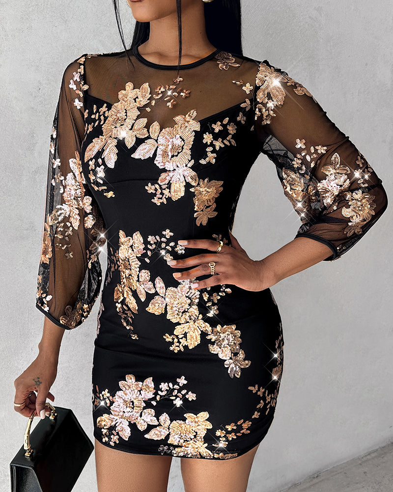 Floral Pattern Contrast Sequin Sheer Mesh Party Dress - Image 6