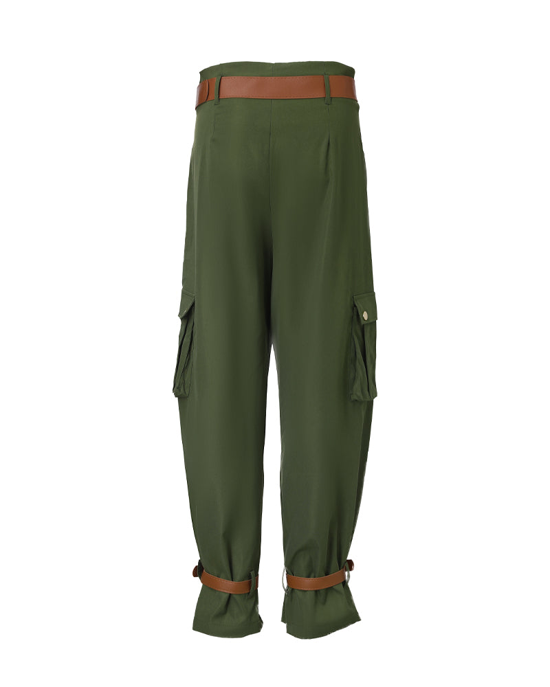 Women's Pockets Design Cargo Pants Casual High Waisted Trousers with Contrast Belt - Image 13