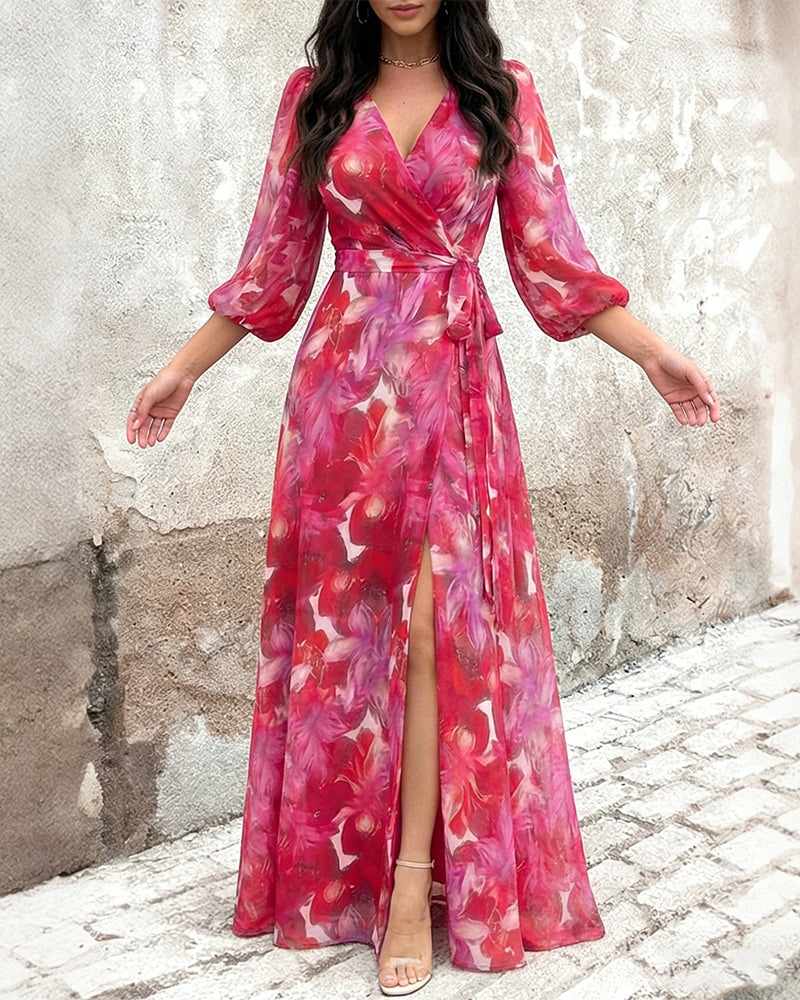 Women's Floral Print Wrap Knot Side Dress V Neck Three Quarters Sleeve Chiffon Maxi Dress High Slit Vacation Dress - Image 5