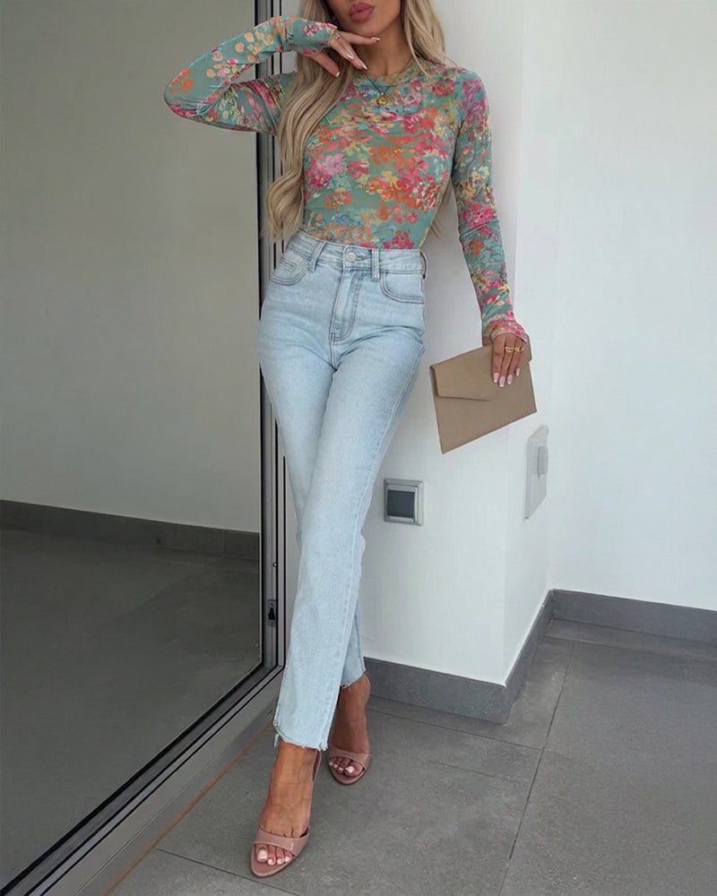 Women's Floral Print Sheer Mesh Top Long Sleeve Slim Fit Crewneck Layering Top with Thumb Hole Cuffs - Image 5