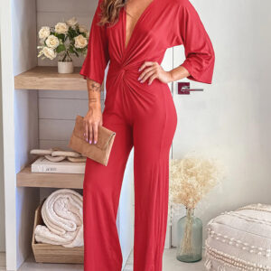 Women's Deep V Neck Twist Front Jumpsuit Three Quarters Sleeve Straight Leg Overalls