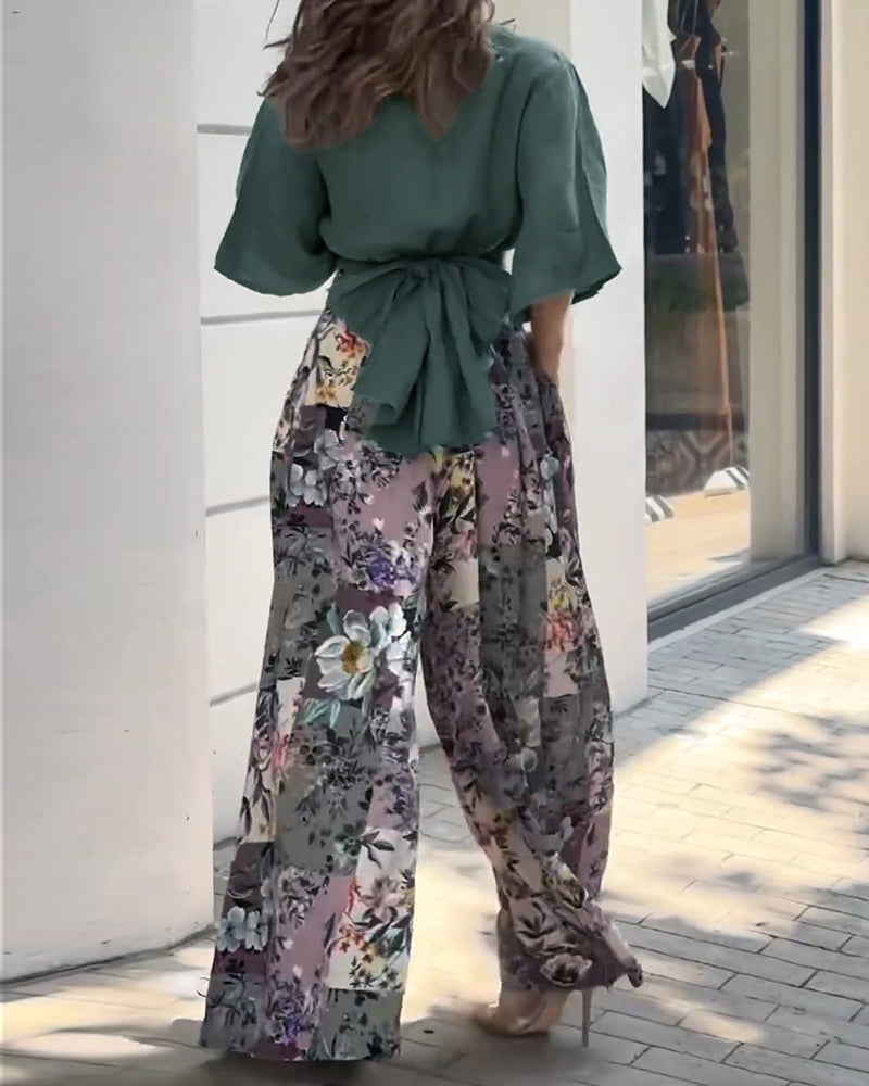 Twisted Crop Top & Floral Print Wide Leg Pants Set - Image 2