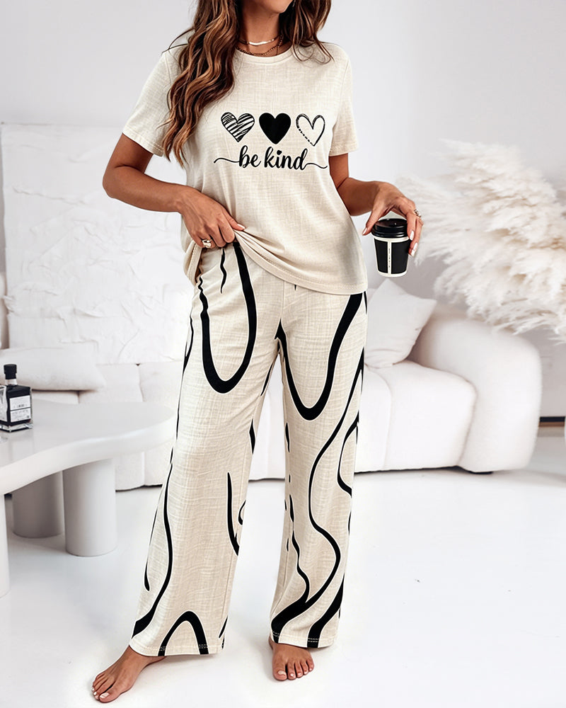 Women's 2 Piece Pajama Set Heart & Letter Top and High Waisted Abstract Print Pants Casual Loungewear with Pockets - Image 3