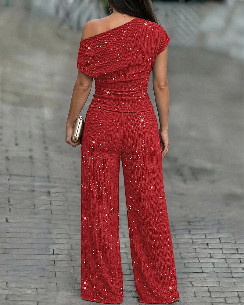 Women's Glitter Textured Two Piece Outfits Plisse Skew Neck Ruched Top and High Waisted Straight Leg Pants Set - Image 22