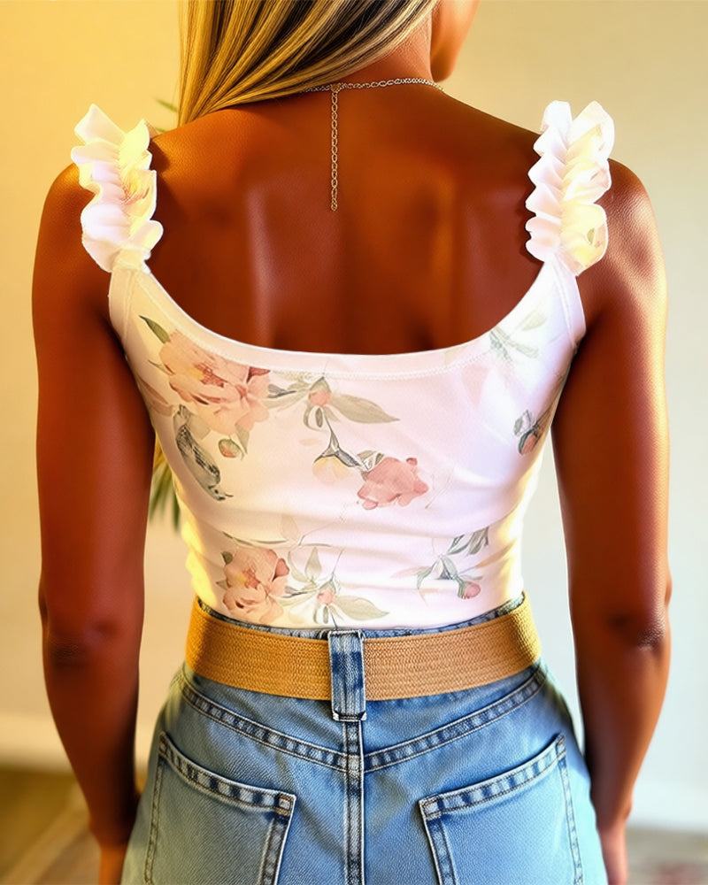 Watercolor Floral Print U-Neck Ruffles Straps Tank Slim Fit Backless Cami Top - Image 2