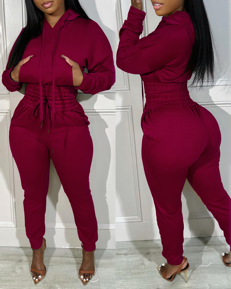 2 Pieces Outfit Drop Shoulder Kangaroo Pocket Stretchy Hem Crop Drawstring Hoodie Sweatshirt And Drawstring Elastic Waist Jogger Sweatpants Casual Tracksuit - Image 16