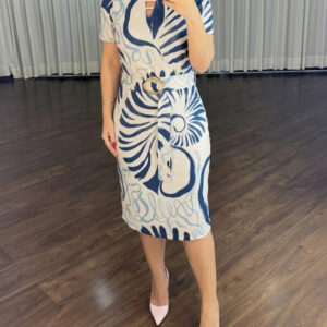 Abstract Print Short Sleeve Hollow-out Front Midi Dress with Belt
