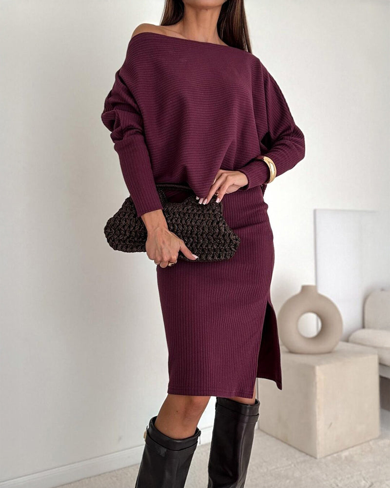 2 Pieces Outfit Skew Neck Batwing Sleeve Top and Side Slit Skirt Set Casual Ribbed Set - Image 8