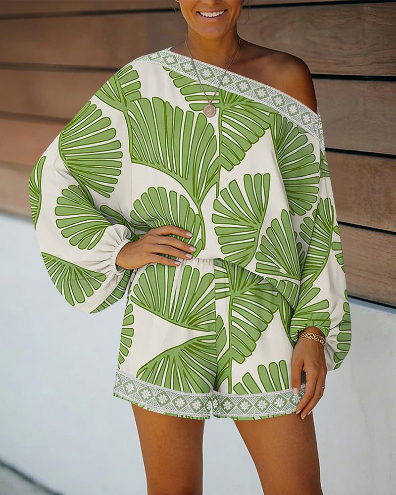 Women's Tropical Leaf Print 2 Piece Set Skew Neck Lantern Sleeve Top and Elastic Waist Shorts with Pockets & Lace - Image 13
