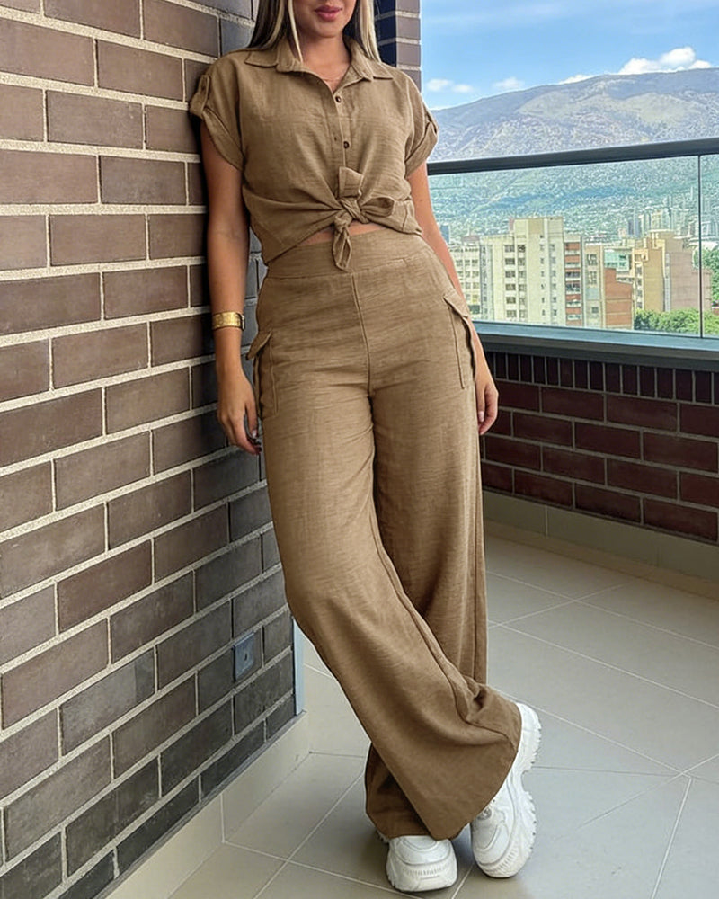 Women's 2 Piece Set Roll Up Sleeve Button Down Shirt and High Waist Wide Leg Pants - Image 6