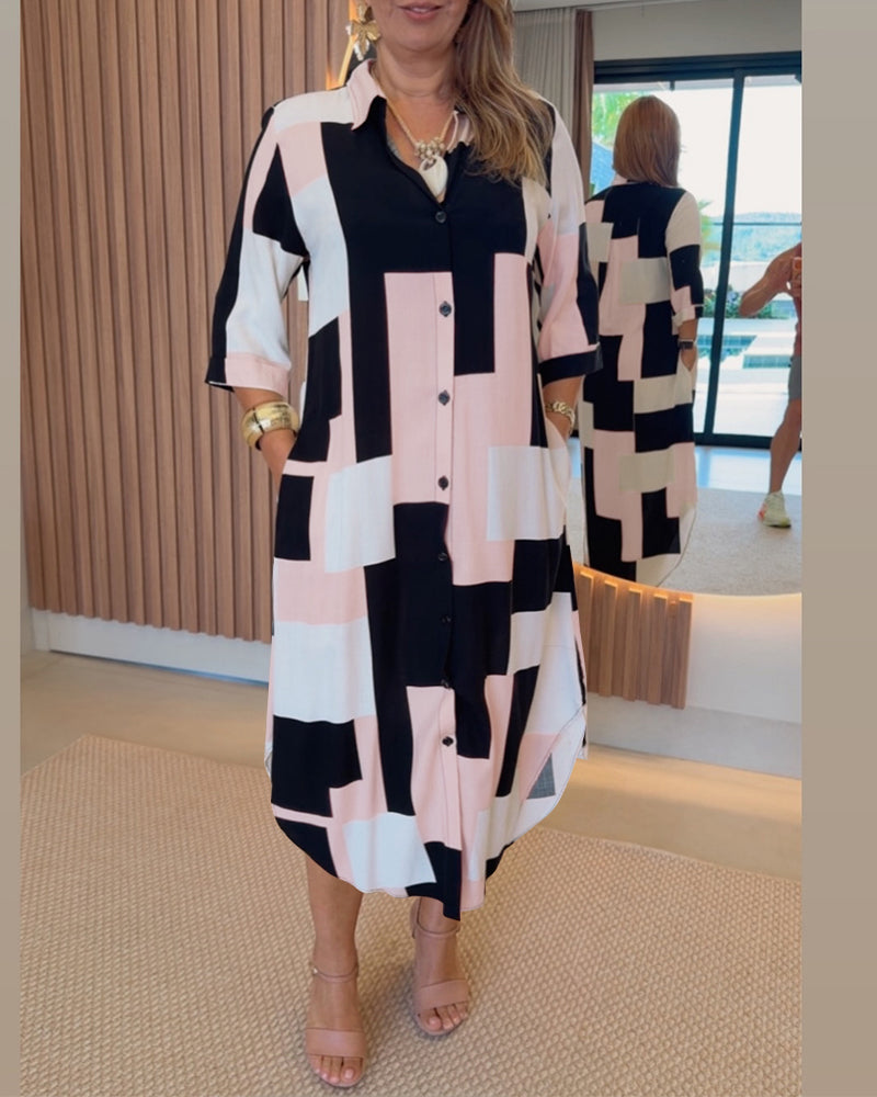 Women's Colorblock Geometric Shirt Dress Casual Three-Quarter Sleeves Asymmetrical Hem Commuting Dress with Belt - Image 2