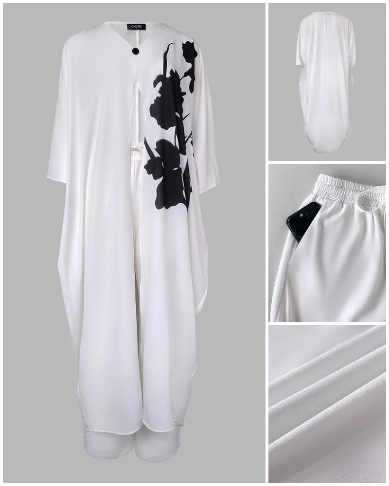 2 Pieces Outfit Floral Placement Print V-Neck Batwing Sleeve High Slit Front Longline Top and Casual Drawstring Elastic Waist Pants Set with Pockets & Lining - Image 4