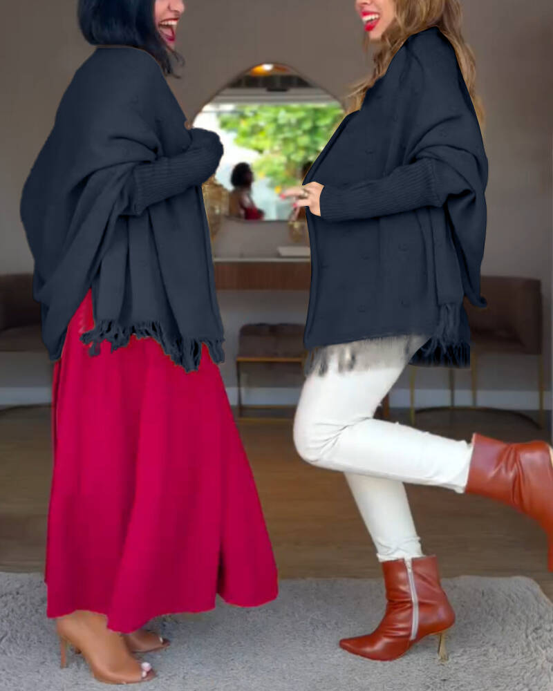 Tassel Design Long Sleeve Slit Cardigan Fashion Versatile Warm Cape Shawl - Image 11