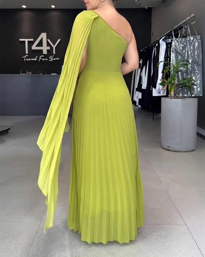 CHICME Women's One-Shoulder Pleated Maxi Dress Asymmetric Draped Cape Sleeve Twist Front Party Dress Elegant High-Waist Evening Dress - Image 5