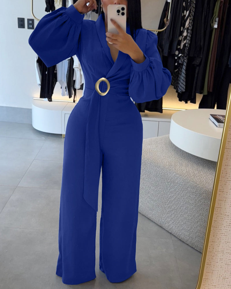 Metal Ring Decor Overlap V-Neck Lantern Sleeve Zipper Back Jumpsuit Casual Cinched Waist Wide Leg Jumpsuit - Image 7