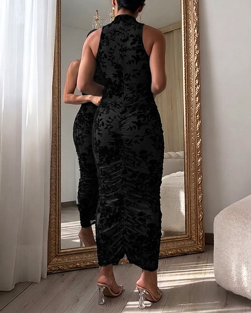 Women's Flocking Floral Mesh Midi Dress Mock Neck Sleeveless Ruched Bodycon Dress Sheer Overlay Cocktial Party Dress - Image 2