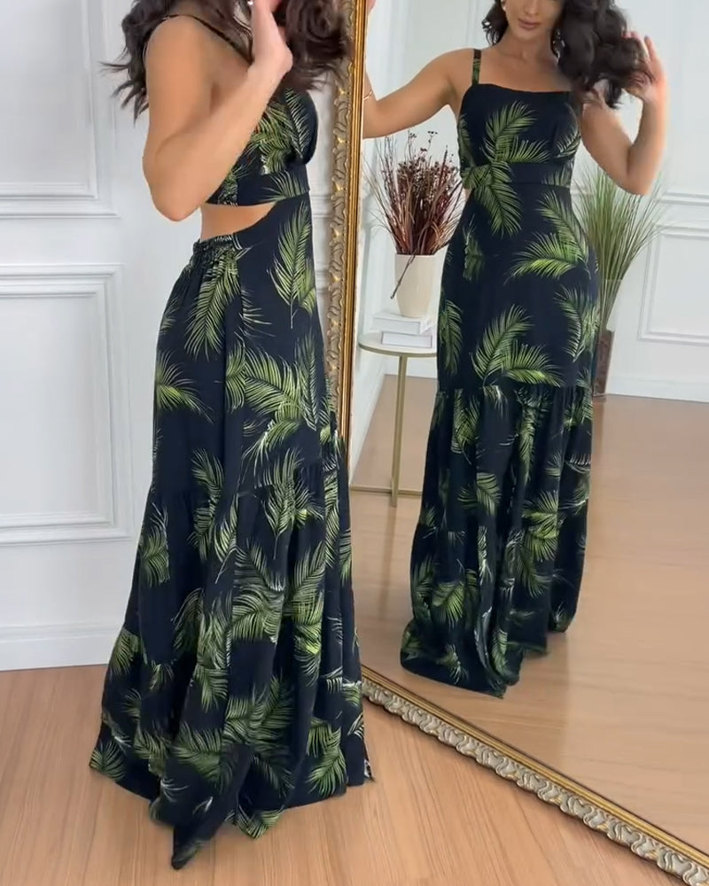 Women's Tropical Print Ruffle Hem Maxi Dress Sexy Cutout Adjustable Strap Slit Beach Vacation Dress - Image 3