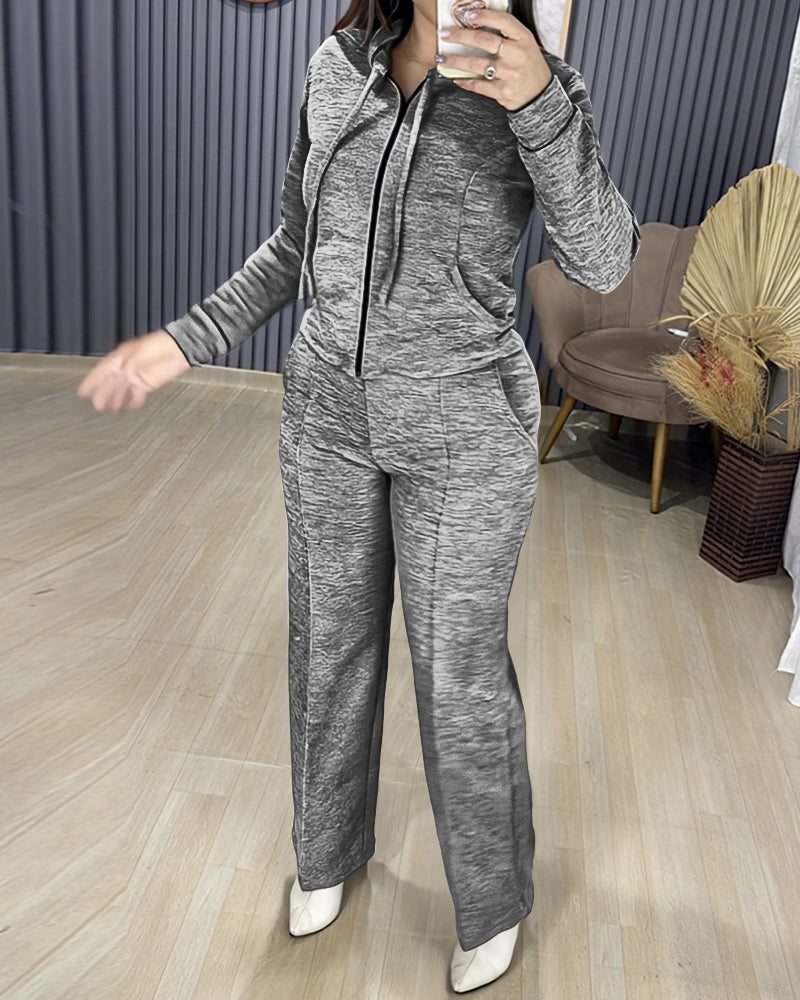 2 Pieces Outfit Long Sleeve Zip Up Drawstring Hoodie Coat and Casual Elastic Waist Seam Front Straight Leg Pants Set - Image 30