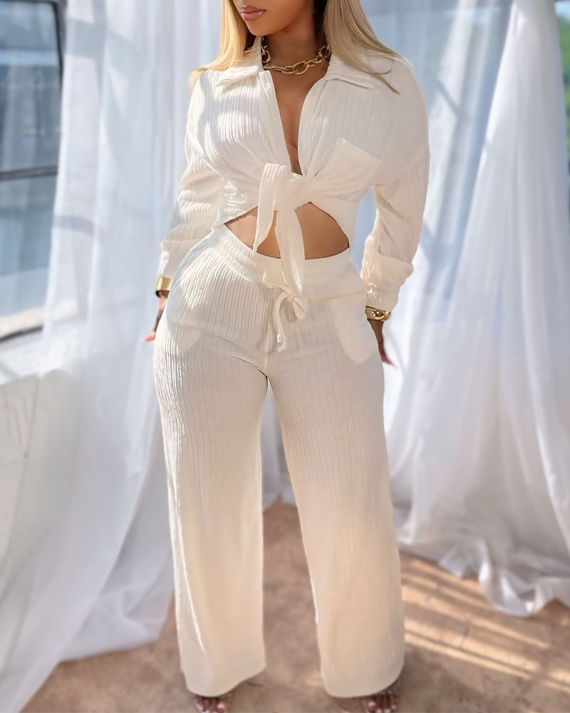 2 Pieces Outfit Turn-down Collar Button Front Pocket Design Asymmetrical Hem Top and Drawstring Elastic Waist Wide Leg Pants Set Casual Textured Set - Image 3