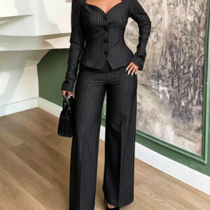 Women's 2 Piece Stripe Suit Elegant Sweetheart Neck Peplum Blazer and High Waisted Wide Leg Pants Business Outfits