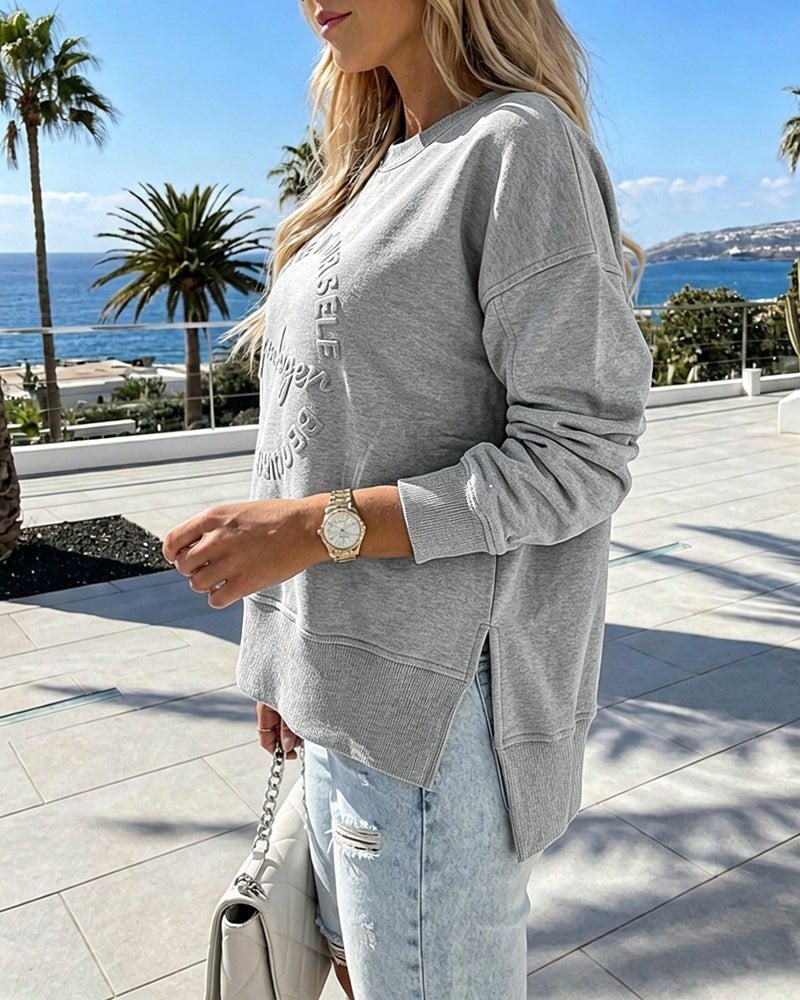 Women's Loose Crewneck Sweatshirt Embossed Letter Print Pullover Top Casual Side Slit Top - Image 26