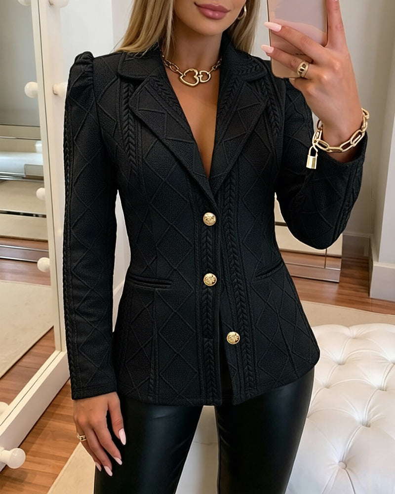 Women's Elegant Argyle Textured Blazer Slim Fit Puff Sleeve Suit Jacket Gold Button Work Office Commuter Blazer with Pockets - Image 14