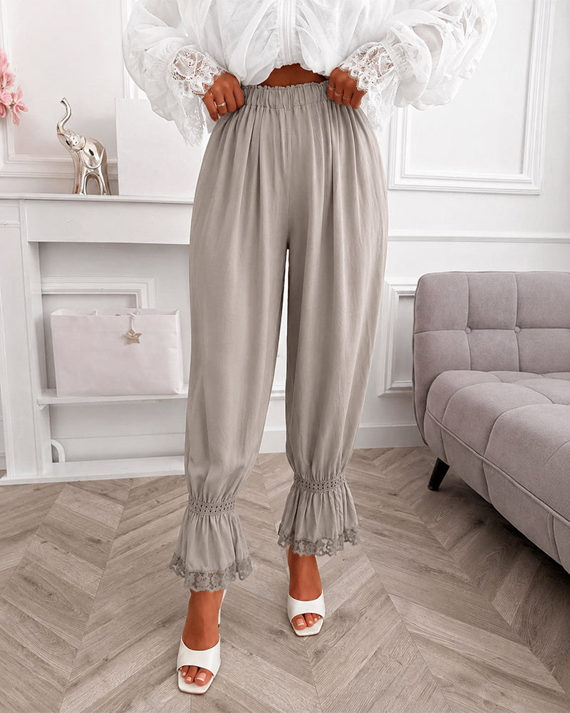 Women's Lace Patchwork Pants Elastic High Waist Hollow Out Ruffle Hem Lantern Trousers Casual Loose Lounge Pants - Image 3