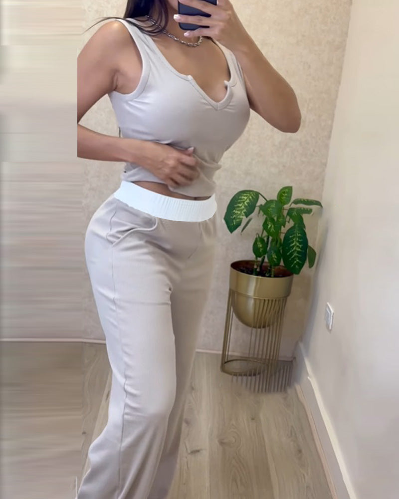 2 Piece Outfits Notch Neck Sleeveless Top Stretchy Waist Straight Leg Pants Lounge Sets Tracksuit - Image 11