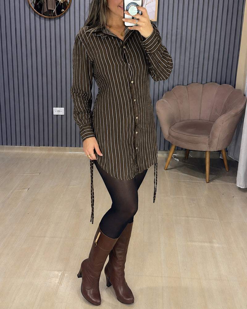 Women's Striped Shirred Back Shirt Dress Ruched Side Drawstring Long Sleeve Button Down Mini Dress - Image 6