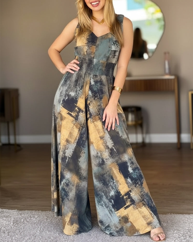 Abstract Oil Painting Print V-Neck Stretchy Thick Straps High Waist Backless Overalls Casual Shirred Waist Cinched Waist Wide Leg Jumpsuit - Image 5