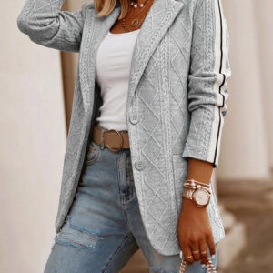 Women's Casual Knit Blazer Argyle Cable Jacquard Contrast Side Striped Coat Loose Fit Single Breasted Blazer