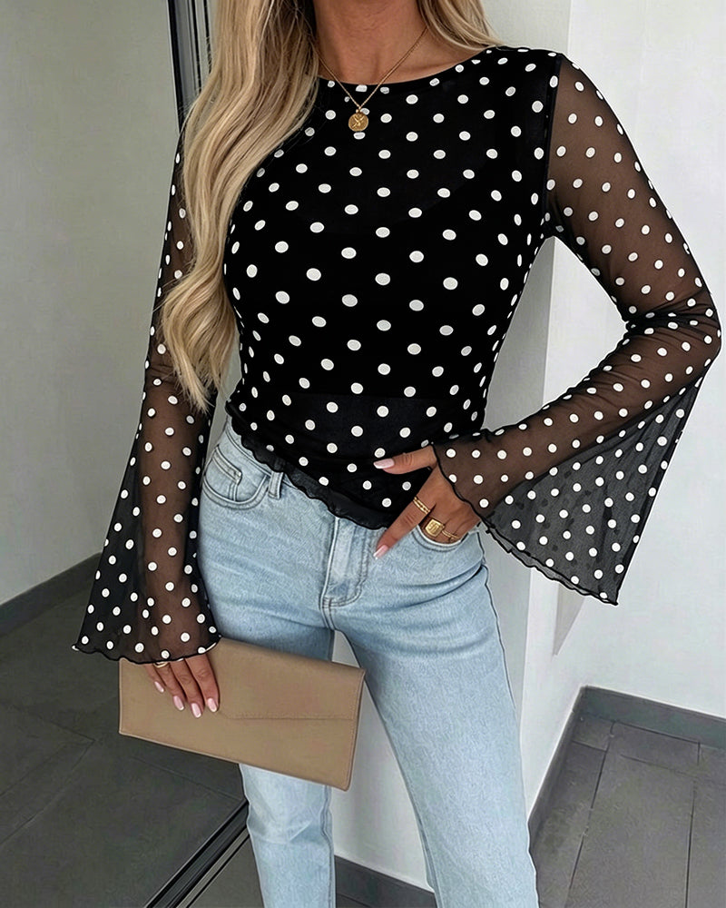 Women's Polka Dot Mesh Top Flare Long Sleeve Boat Neck Lined Asymmetric Frill Hem Blouse Vintage Party Shirt - Image 27
