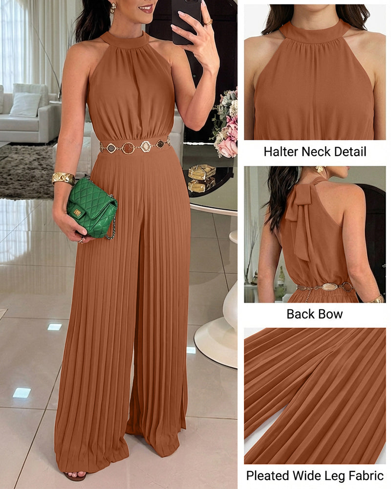 CHICME Women's Halter Tie Wide Leg Jumpsuit Pleated High Waist One-Piece Romper Elegant Sleeveless Evening Party Jumpsuit without Waist Chain - Image 2