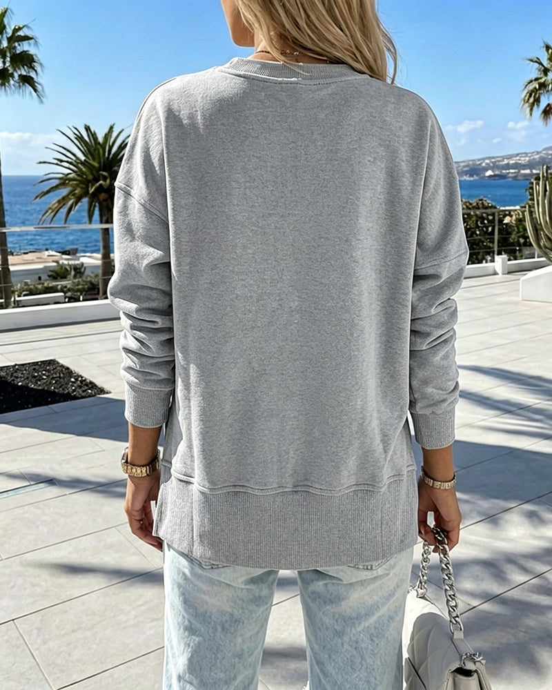 Women's Loose Crewneck Sweatshirt Embossed Letter Print Pullover Top Casual Side Slit Top - Image 23