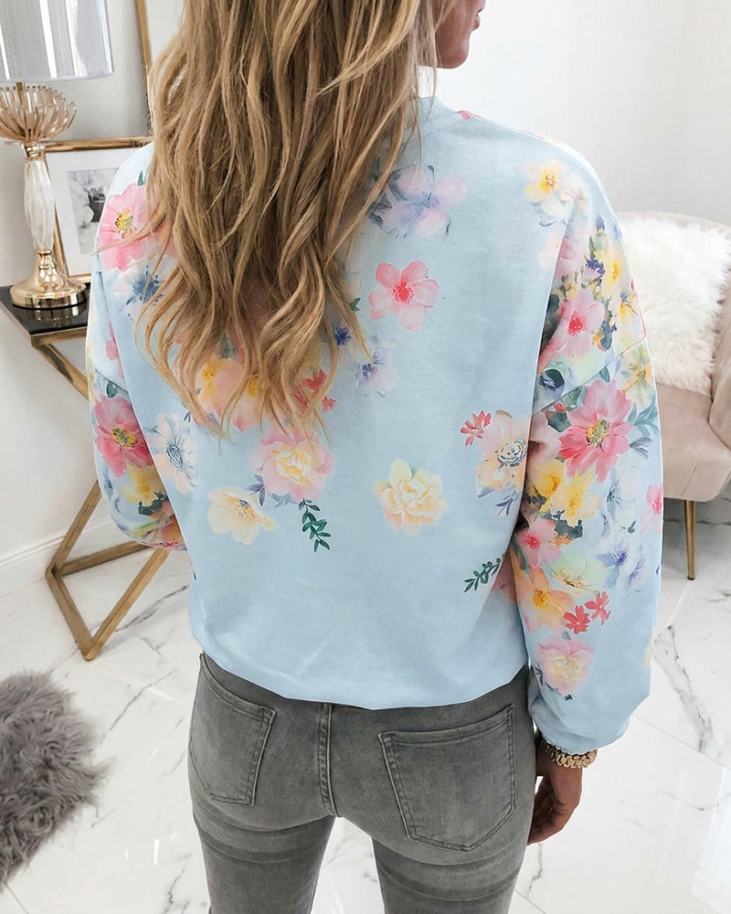 Women's Watercolor Floral Sweatshirt Casual Crewneck Pullover Lantern Sleeve Loose Fit Top - Image 2
