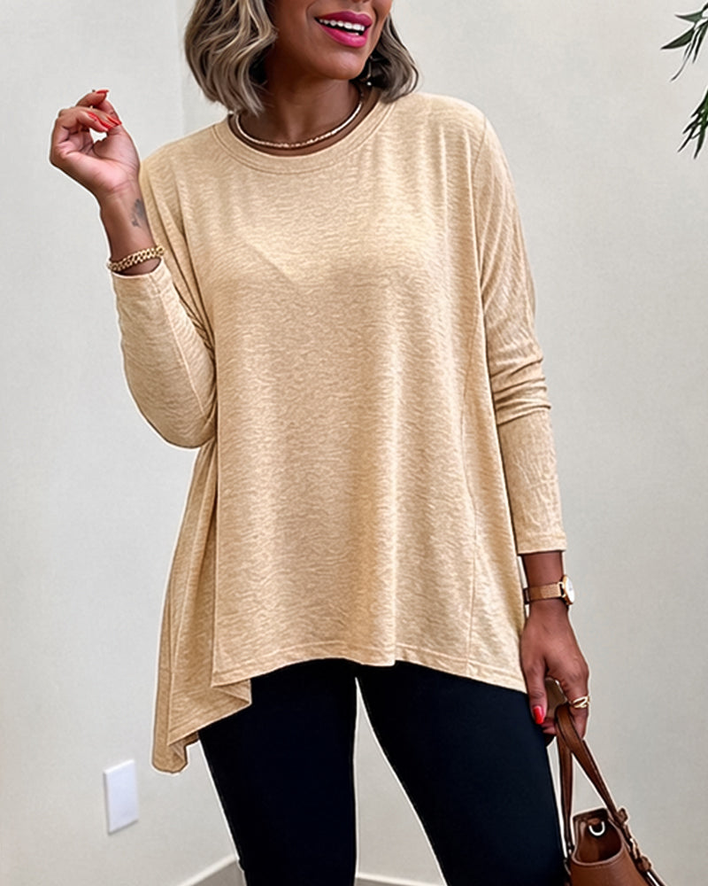Women's Asymmetric Hem Long Sleeve Top Loose Fit Dropped Shoulder Crewneck Soft Slouchy Casual Tee - Image 3