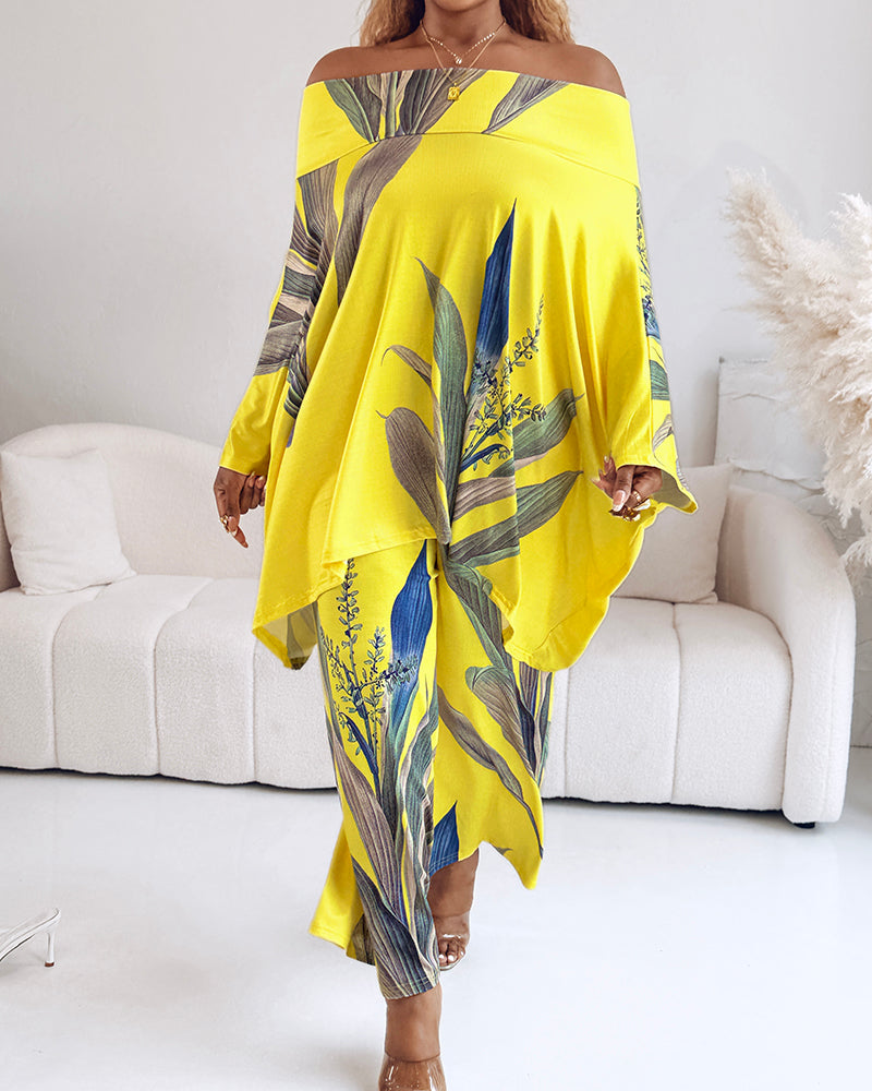 2 Pieces Outfit Plants Print Cold Shoulder Batwing Sleeve Top and Casual Wide Leg Pants Set - Image 13