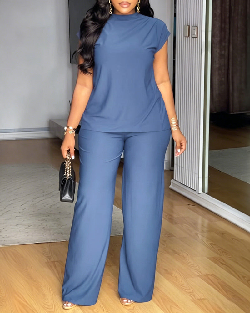 Women's 2 Piece Set Mock Neck Ruched Open Back Button Slit Top and Wide Leg Pants Casual Outfits with Pockets - Image 5