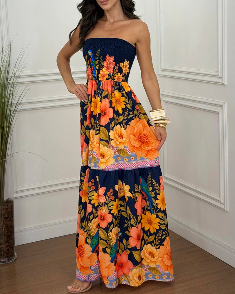 CHICME Women's Tropical Floral Print Bandeau Maxi Dress Shirred Ruffle Hem Vacation Dress with Pockets and Detachable Clear Straps - Image 3