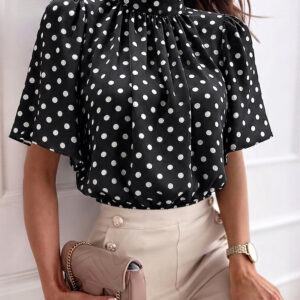 Women's Mock Neck Chiffon Blouse Polka Dot Ruched Elegant Flared Sleeve Top Casual Office Commute Shirt