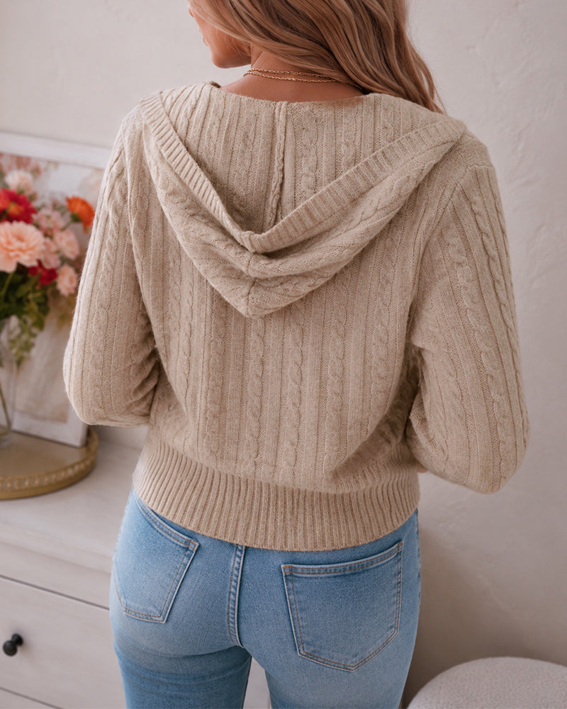 Women's Cable Knit Hooded Sweater V Neck Long Sleeve Pullover Top - Image 2