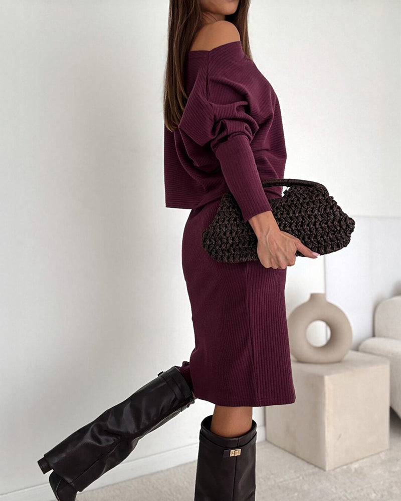 2 Pieces Outfit Skew Neck Batwing Sleeve Top and Side Slit Skirt Set Casual Ribbed Set - Image 3