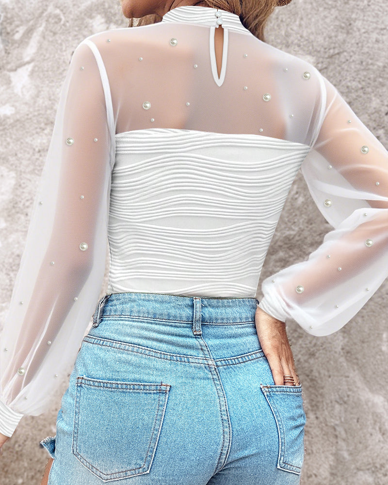 Pearls Decor Mock Neck Sheer Mesh Spliced Ruched Tee Hollow-out Back Slim Fit Textured Top - Image 2
