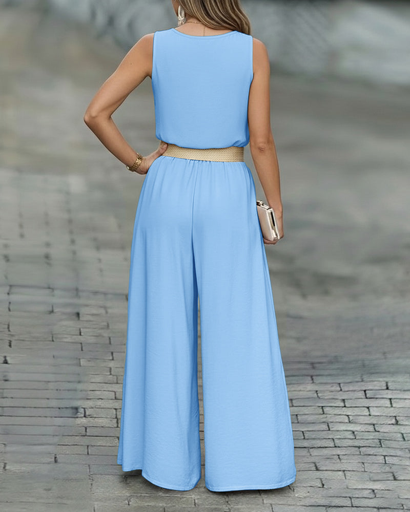 2 Pieces Outfit V-Neck Shoulder Bowknot Design Sleeveless Tank Top and Casual Zipper Fly Elastic Back Waist Wide Leg Pants Set without Belt - Image 7