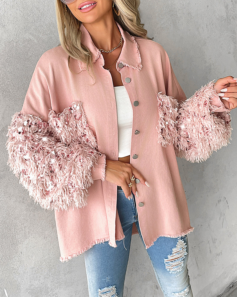 Sequin Decor Turn-down Collar Button Front Pockets Design Denim Coat Casual Fuzzy Spliced Raw Trim Shacket - Image 3