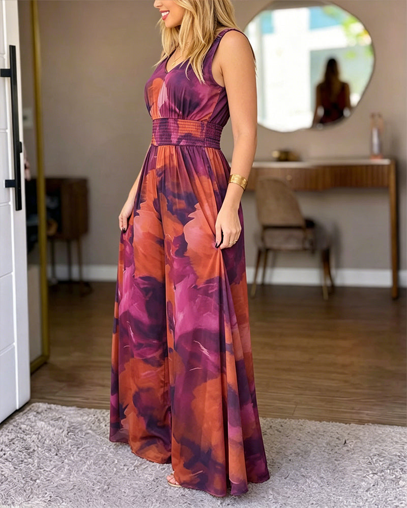Women's Tie Dye Print Mesh Jumpsuit V Neck Shirred Waist Wide Leg Overalls Backless Sleeveless Jumpsuit with Pockets - Image 4